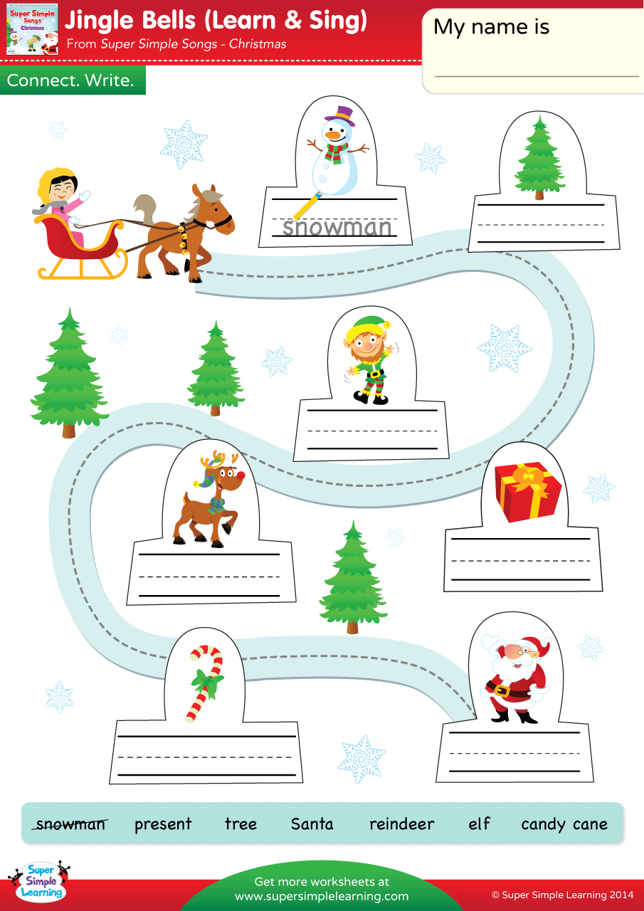 jingle bells worksheet - connect & write - super simple